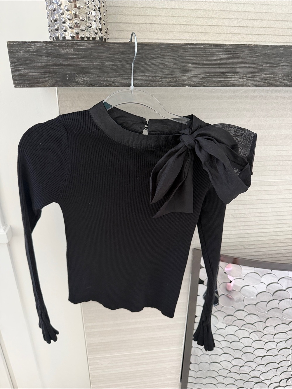 Chicwish Black Ribbed Crewneck Top with Bow Accent